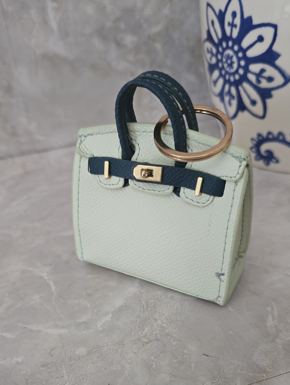 Mini Handbag Charm Keychain in Mint with Navy Trim